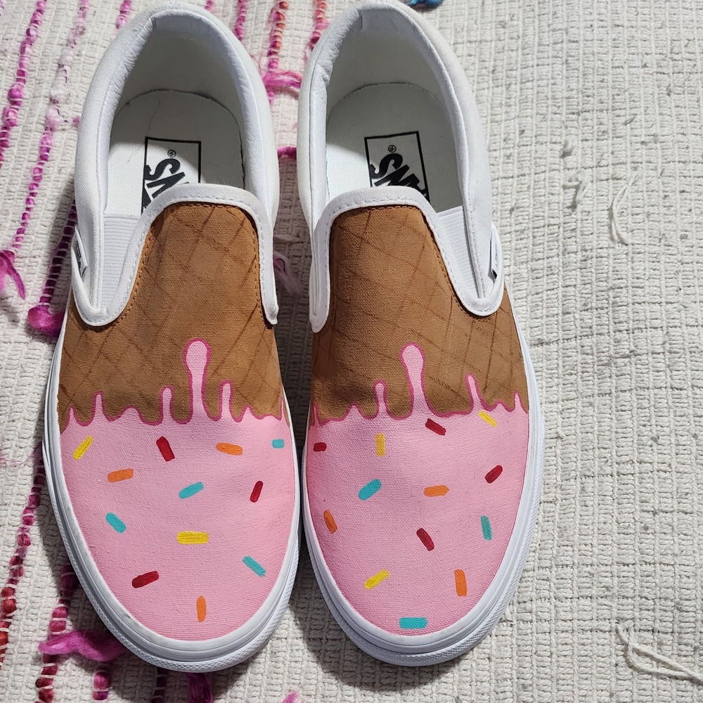 Vans Classic Slip On Custom Ice Cream Sprinkles Shoes Womens 8 Mens 6.5 White